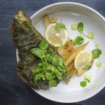 Atlantic pollock with matcha and spirulina tempura