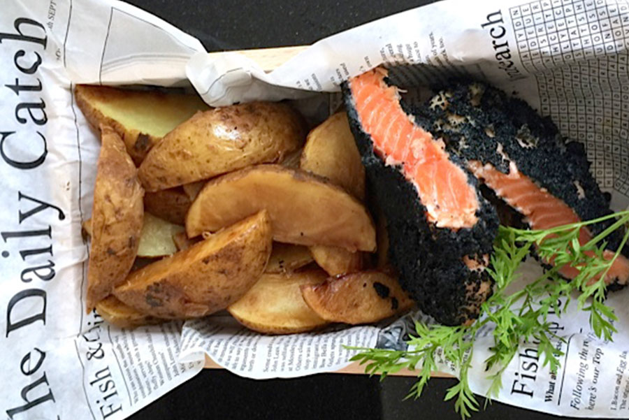 Organic stout and squid ink tempura
